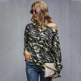 Women's Off-shoulder Camouflage Knitted Loose Bottoming Shirt Long Sleeve T-shirt Sai Feel